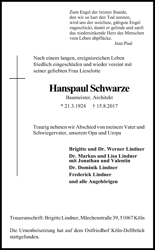  Traueranzeige für Hanspaul Schwarze vom 09.09.2017 aus Kölner Stadt-Anzeiger / Kölnische Rundschau / Express