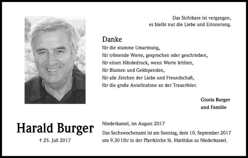 Traueranzeige für Harald Burger vom 02.09.2017 aus Kölner Stadt-Anzeiger / Kölnische Rundschau / Express