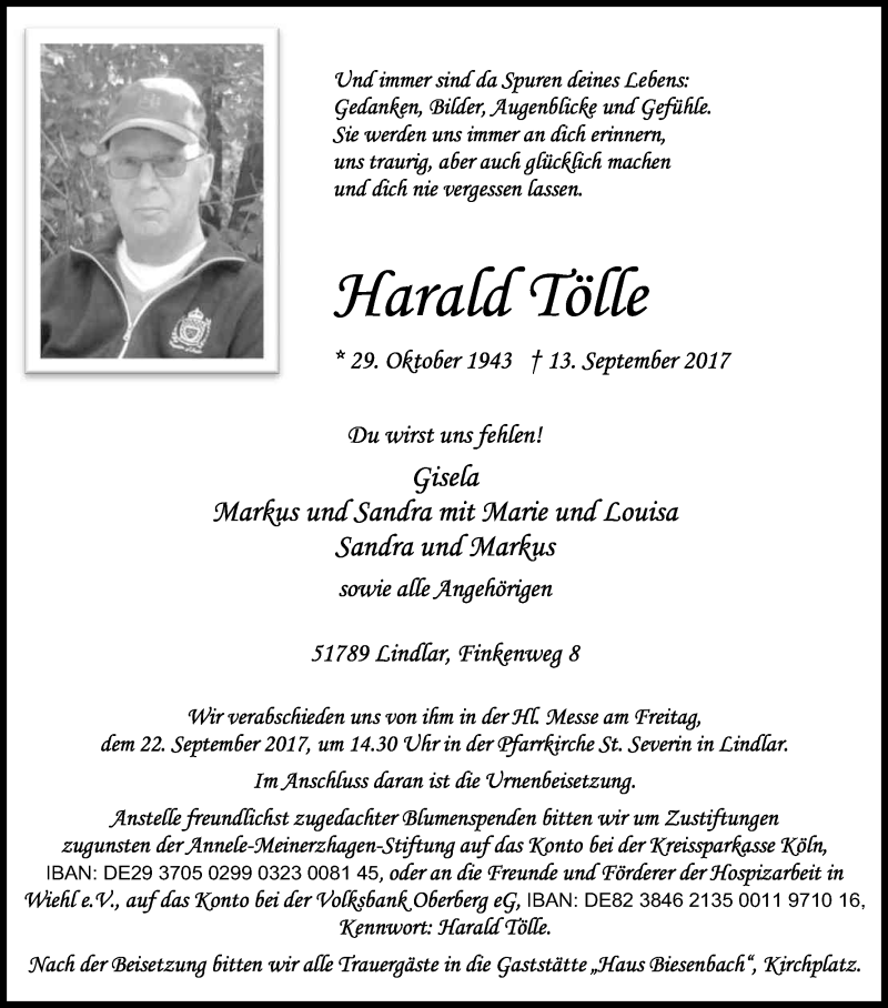  Traueranzeige für Harald Tölle vom 16.09.2017 aus Kölner Stadt-Anzeiger / Kölnische Rundschau / Express