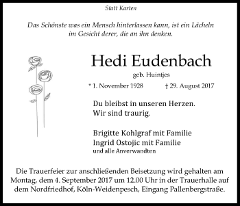 Anzeige von Hedi Eudenbach von Kölner Stadt-Anzeiger / Kölnische Rundschau / Express