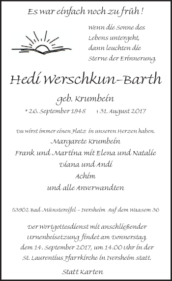 Anzeige von Hedi Werschkun-Barth von  Blickpunkt Euskirchen 