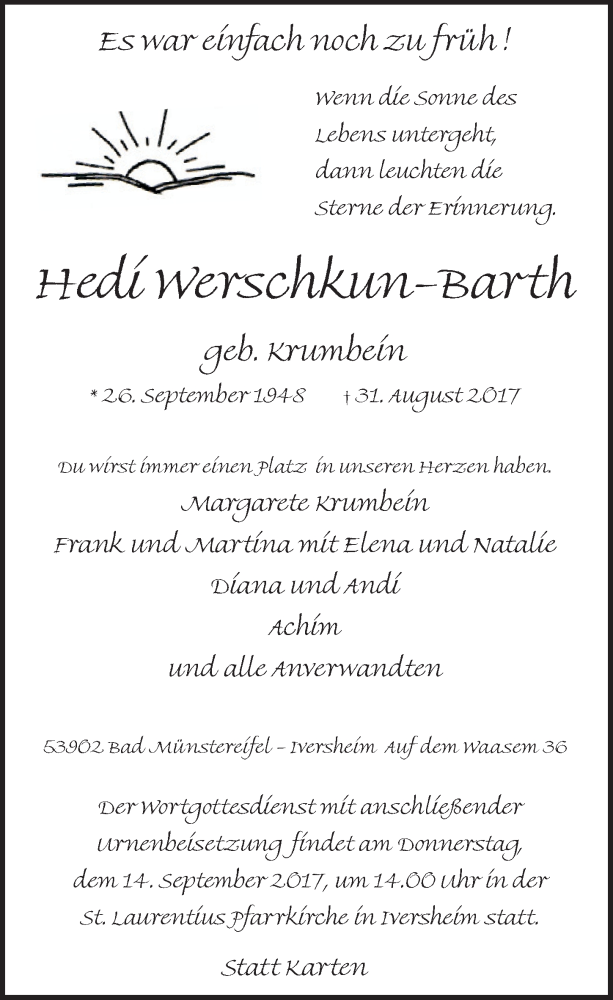  Traueranzeige für Hedi Werschkun-Barth vom 09.09.2017 aus  Blickpunkt Euskirchen 