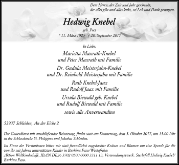 Anzeige von Hedwig Knebel von Kölner Stadt-Anzeiger / Kölnische Rundschau / Express
