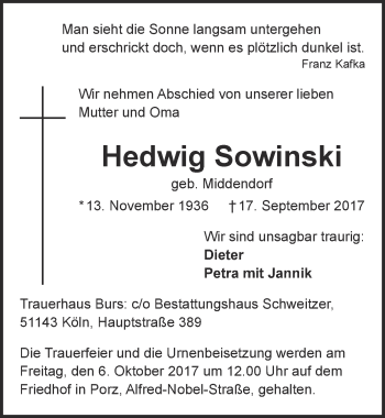 Anzeige von Hedwig Sowinski von  Kölner Wochenspiegel 