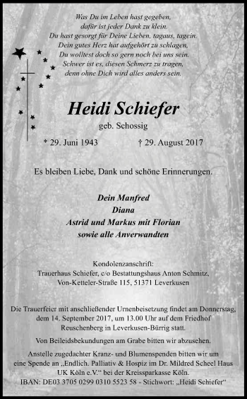 Anzeige von Heidi Schiefer von Kölner Stadt-Anzeiger / Kölnische Rundschau / Express