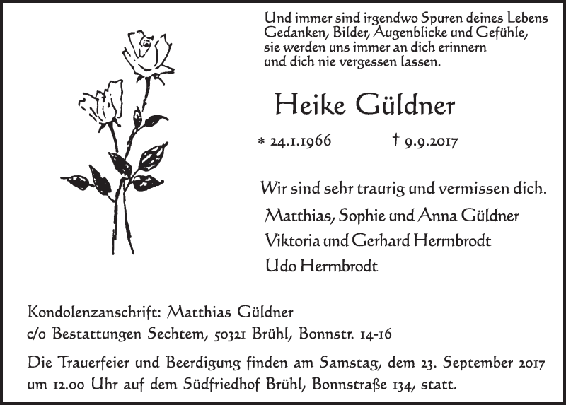 Traueranzeige für Heike Güldner vom 20.09.2017 aus  Schlossbote/Werbekurier 