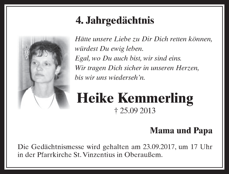  Traueranzeige für Heike Kemmerling vom 20.09.2017 aus  Werbepost 