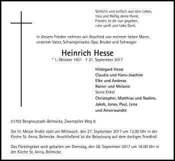 Anzeige von Heinrich Hesse von Kölner Stadt-Anzeiger / Kölnische Rundschau / Express