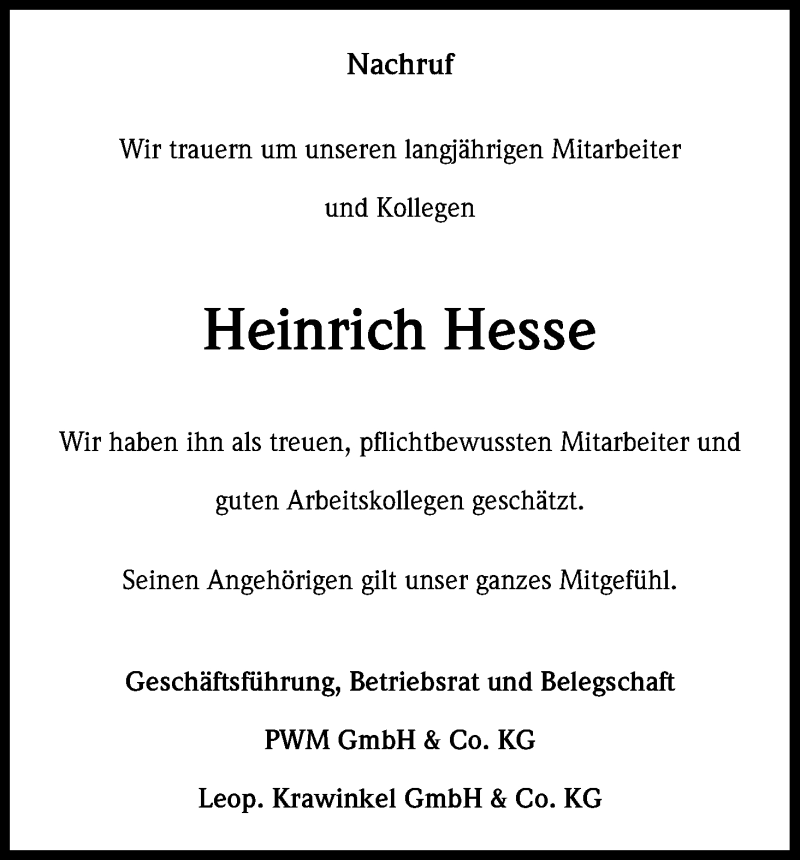  Traueranzeige für Heinrich Hesse vom 30.09.2017 aus Kölner Stadt-Anzeiger / Kölnische Rundschau / Express