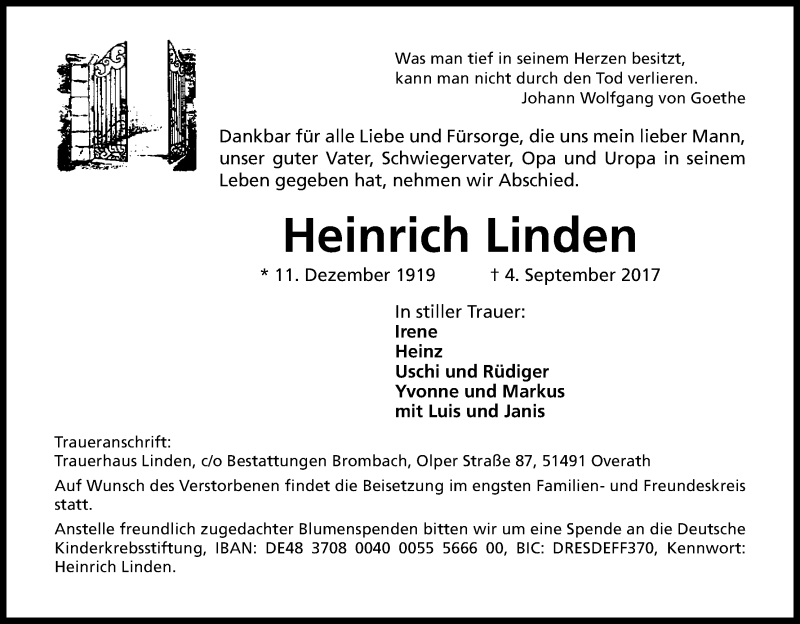  Traueranzeige für Heinrich Linden vom 12.09.2017 aus Kölner Stadt-Anzeiger / Kölnische Rundschau / Express