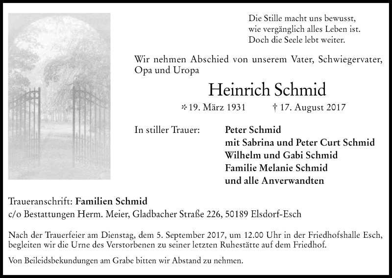  Traueranzeige für Heinrich Schmid vom 02.09.2017 aus Kölner Stadt-Anzeiger / Kölnische Rundschau / Express