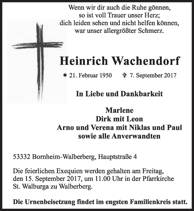  Traueranzeige für Heinrich Wachendorf vom 13.09.2017 aus  Schlossbote/Werbekurier 