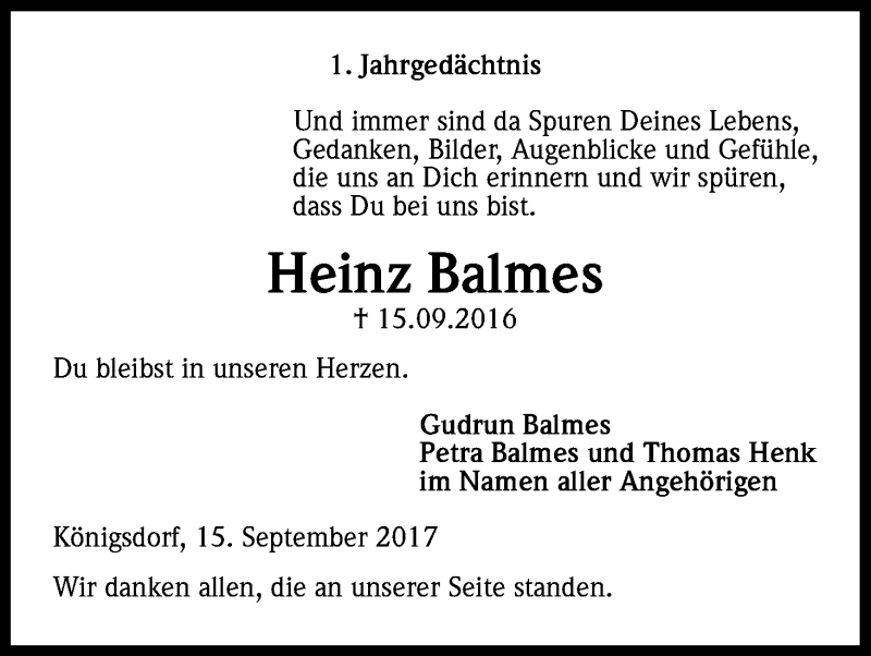  Traueranzeige für Heinz Balmes vom 16.09.2017 aus Kölner Stadt-Anzeiger / Kölnische Rundschau / Express