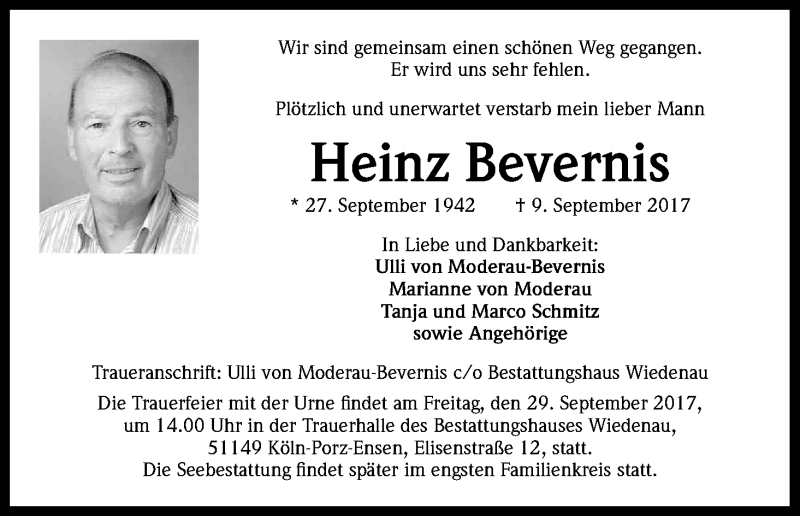  Traueranzeige für Heinz Bevernis vom 20.09.2017 aus Kölner Stadt-Anzeiger / Kölnische Rundschau / Express