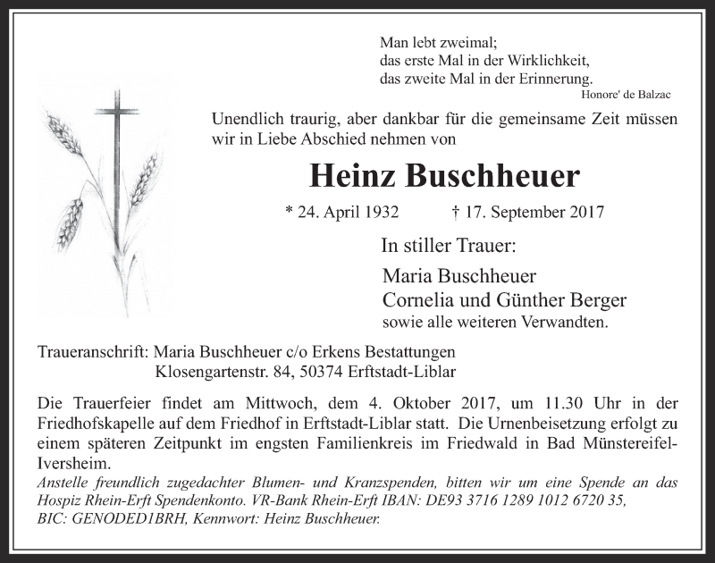  Traueranzeige für Heinz Buschheuer vom 27.09.2017 aus  Werbepost 