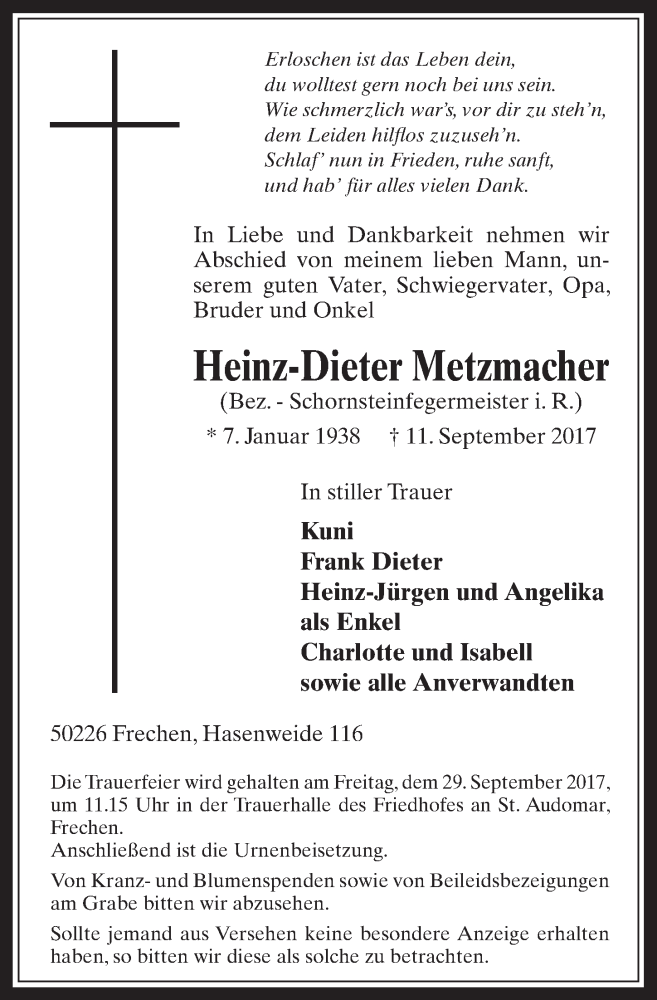  Traueranzeige für Heinz-Dieter Metzmacher vom 20.09.2017 aus  Wochenende 