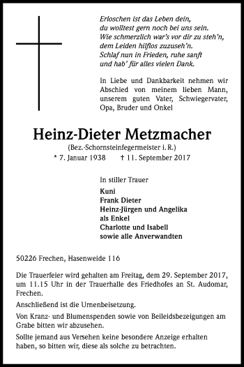 Anzeige von Heinz-Dieter Metzmacher von Kölner Stadt-Anzeiger / Kölnische Rundschau / Express