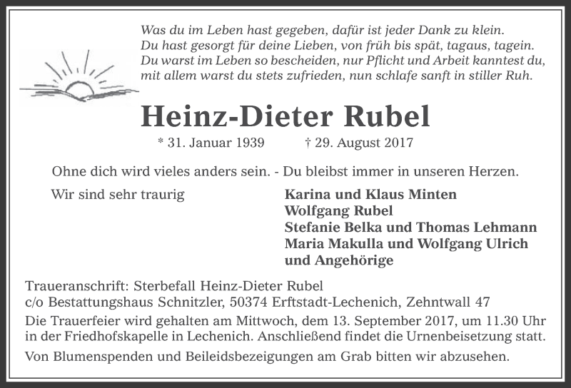  Traueranzeige für Heinz-Dieter Rubel vom 06.09.2017 aus  Werbepost 