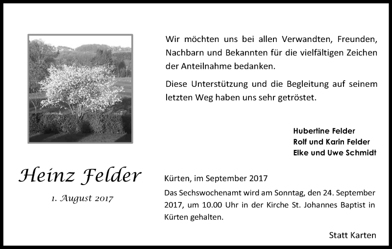  Traueranzeige für Heinz Felder vom 09.09.2017 aus Kölner Stadt-Anzeiger / Kölnische Rundschau / Express
