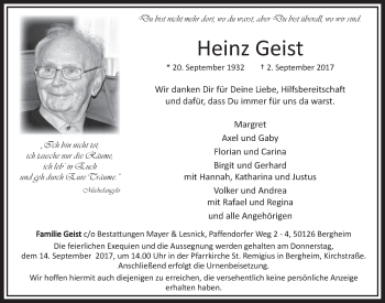 Anzeige von Heinz Geist von  Sonntags-Post 
