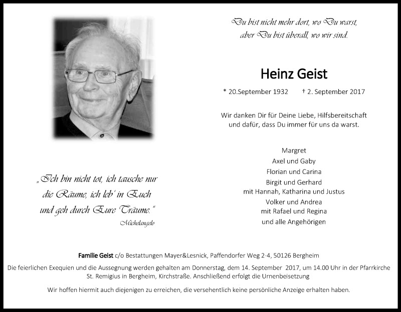  Traueranzeige für Heinz Geist vom 09.09.2017 aus Kölner Stadt-Anzeiger / Kölnische Rundschau / Express