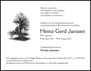 Anzeige von Heinz-Gerd Janssen von Kölner Stadt-Anzeiger / Kölnische Rundschau / Express