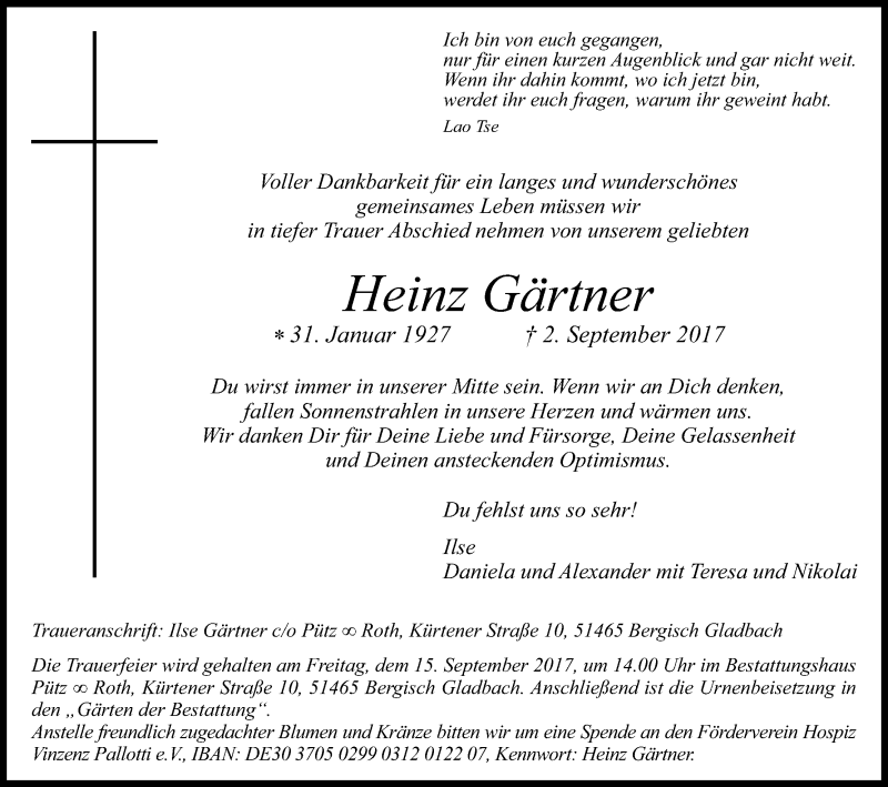  Traueranzeige für Heinz Gärtner vom 09.09.2017 aus Kölner Stadt-Anzeiger / Kölnische Rundschau / Express