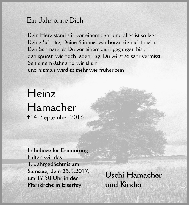  Traueranzeige für Heinz Hamacher vom 16.09.2017 aus  Blickpunkt Euskirchen 