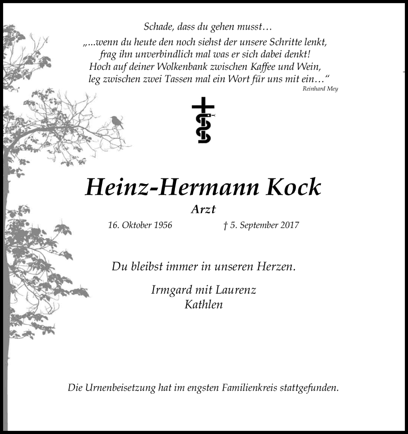  Traueranzeige für Heinz-Hermann Kock vom 23.09.2017 aus Kölner Stadt-Anzeiger / Kölnische Rundschau / Express