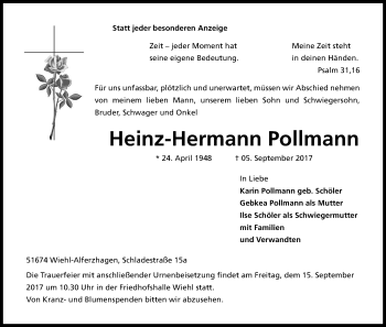 Anzeige von Heinz-Hermann Pollmann von Kölner Stadt-Anzeiger / Kölnische Rundschau / Express