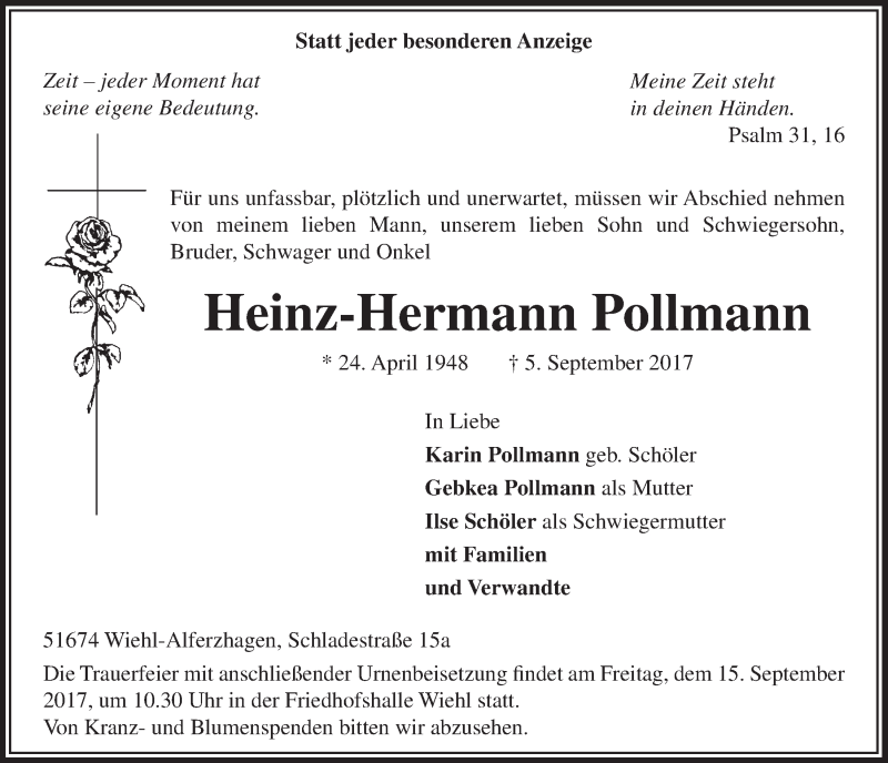 Traueranzeige für Heinz-Hermann Pollmann vom 13.09.2017 aus  Anzeigen Echo 
