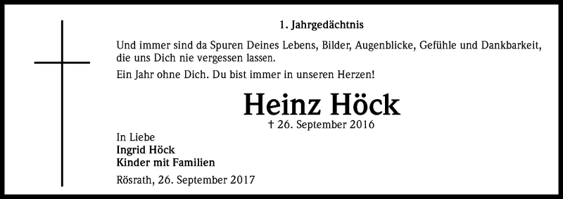  Traueranzeige für Heinz Höck vom 26.09.2017 aus Kölner Stadt-Anzeiger / Kölnische Rundschau / Express