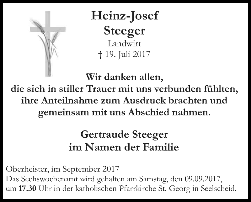 Traueranzeige für Heinz-Josef Steeger vom 09.09.2017 aus Kölner Stadt-Anzeiger / Kölnische Rundschau / Express