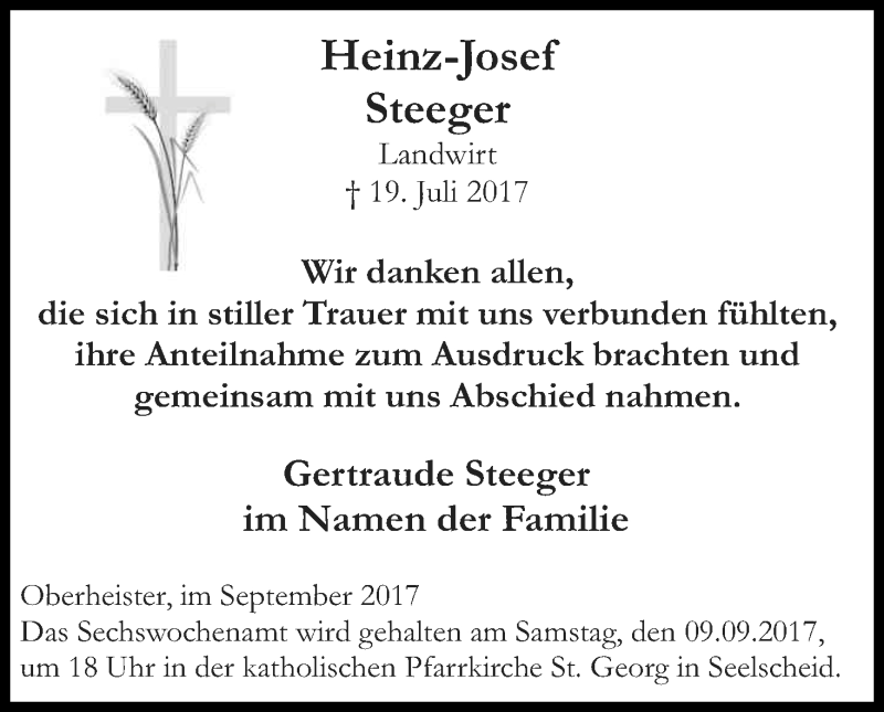  Traueranzeige für Heinz-Josef Steeger vom 02.09.2017 aus Kölner Stadt-Anzeiger / Kölnische Rundschau / Express