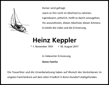 Anzeige von Heinz Keppler von Kölner Stadt-Anzeiger / Kölnische Rundschau / Express