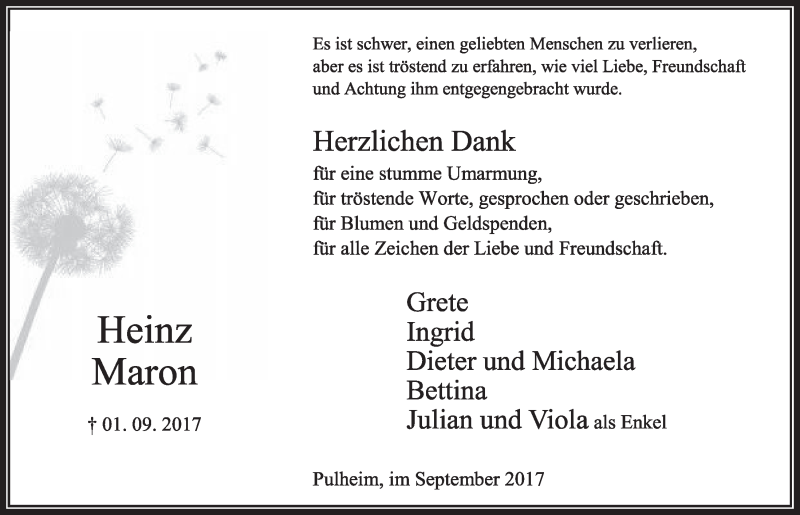  Traueranzeige für Heinz Maron vom 30.09.2017 aus  Sonntags-Post 