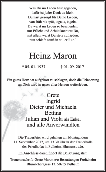 Anzeige von Heinz Maron von  Sonntags-Post 