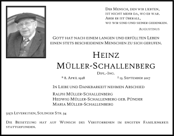 Anzeige von Heinz Müller-Schallenberg von Kölner Stadt-Anzeiger / Kölnische Rundschau / Express