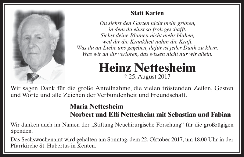  Traueranzeige für Heinz Nettesheim vom 27.09.2017 aus  Werbepost 