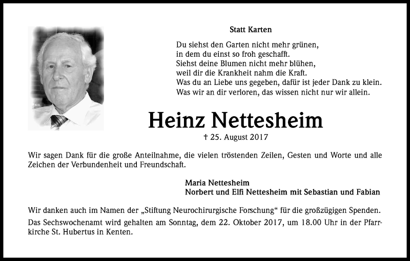  Traueranzeige für Heinz Nettesheim vom 23.09.2017 aus Kölner Stadt-Anzeiger / Kölnische Rundschau / Express