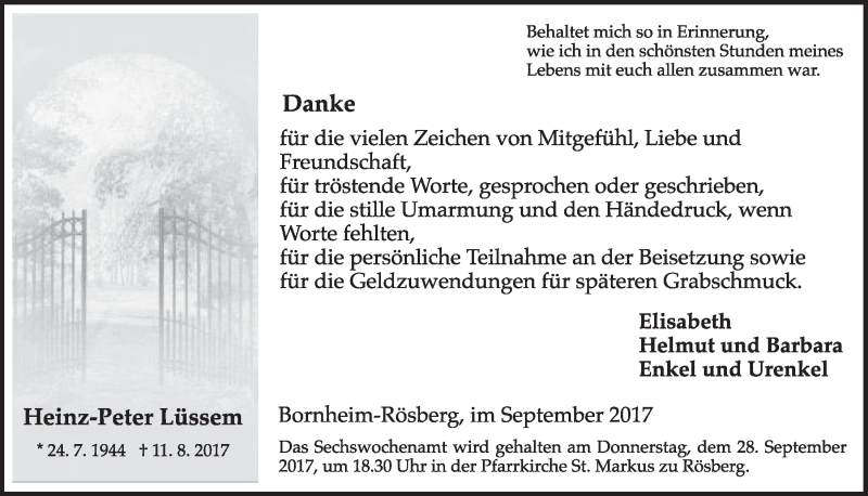  Traueranzeige für Heinz-Peter Lüssem vom 20.09.2017 aus  Schlossbote/Werbekurier 