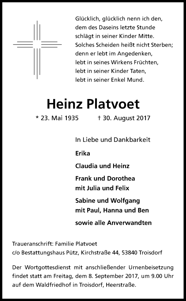  Traueranzeige für Heinz Platvoet vom 02.09.2017 aus Kölner Stadt-Anzeiger / Kölnische Rundschau / Express