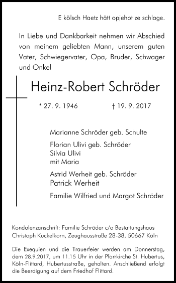 Anzeige von Heinz-Robert Schröder von Kölner Stadt-Anzeiger / Kölnische Rundschau / Express