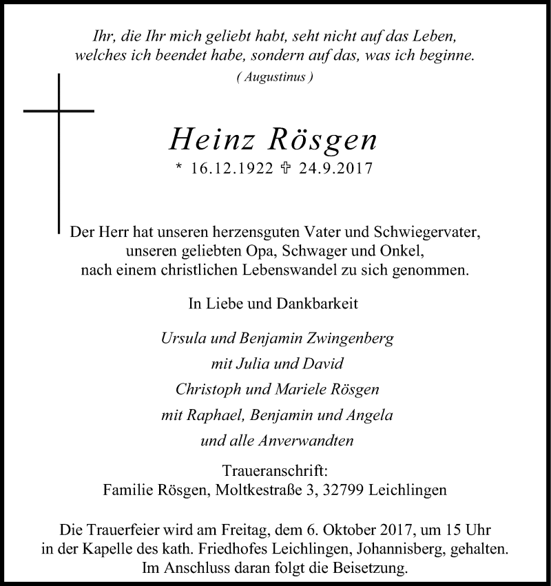  Traueranzeige für Heinz Rösgen vom 30.09.2017 aus Kölner Stadt-Anzeiger / Kölnische Rundschau / Express