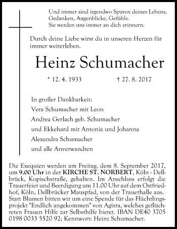 Anzeige von Heinz Schumacher von Kölner Stadt-Anzeiger / Kölnische Rundschau / Express