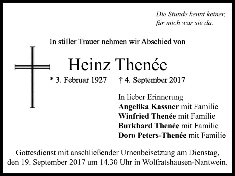  Traueranzeige für Heinz Thenée vom 15.09.2017 aus Kölner Stadt-Anzeiger / Kölnische Rundschau / Express