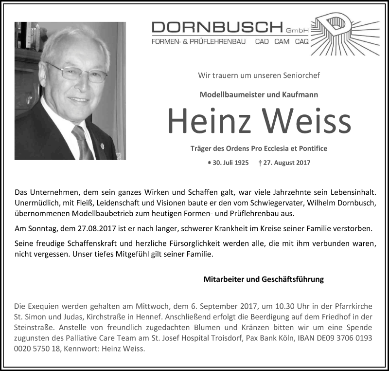  Traueranzeige für Heinz Weiss vom 02.09.2017 aus Kölner Stadt-Anzeiger / Kölnische Rundschau / Express
