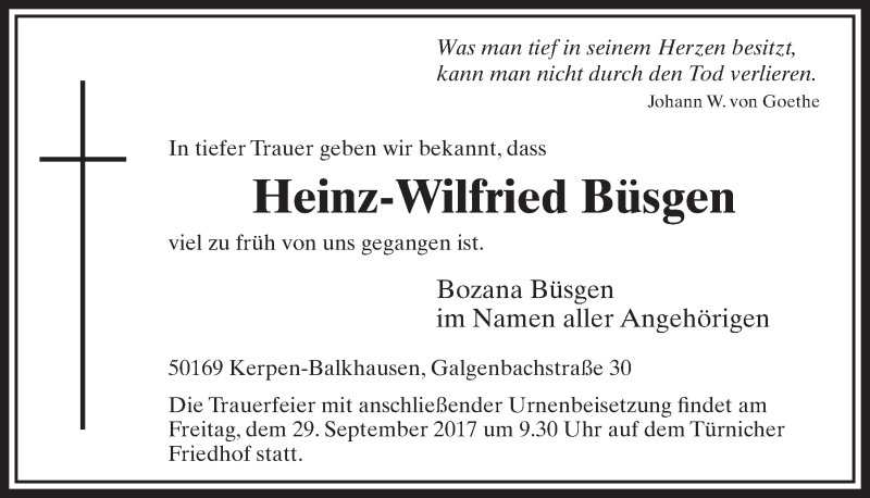  Traueranzeige für Heinz-Wilfried Büsgen vom 23.09.2017 aus  Sonntags-Post 