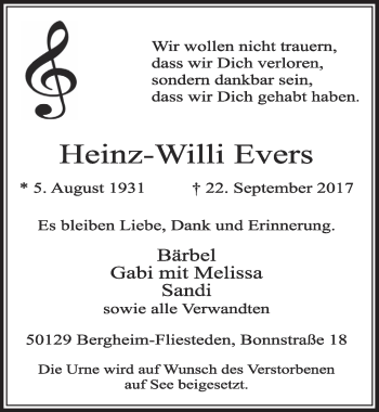 Anzeige von Heinz-Willi Evers von  Sonntags-Post 