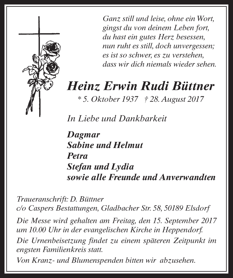  Traueranzeige für Heinz Erwin Rudi  Büttner vom 13.09.2017 aus  Werbepost 